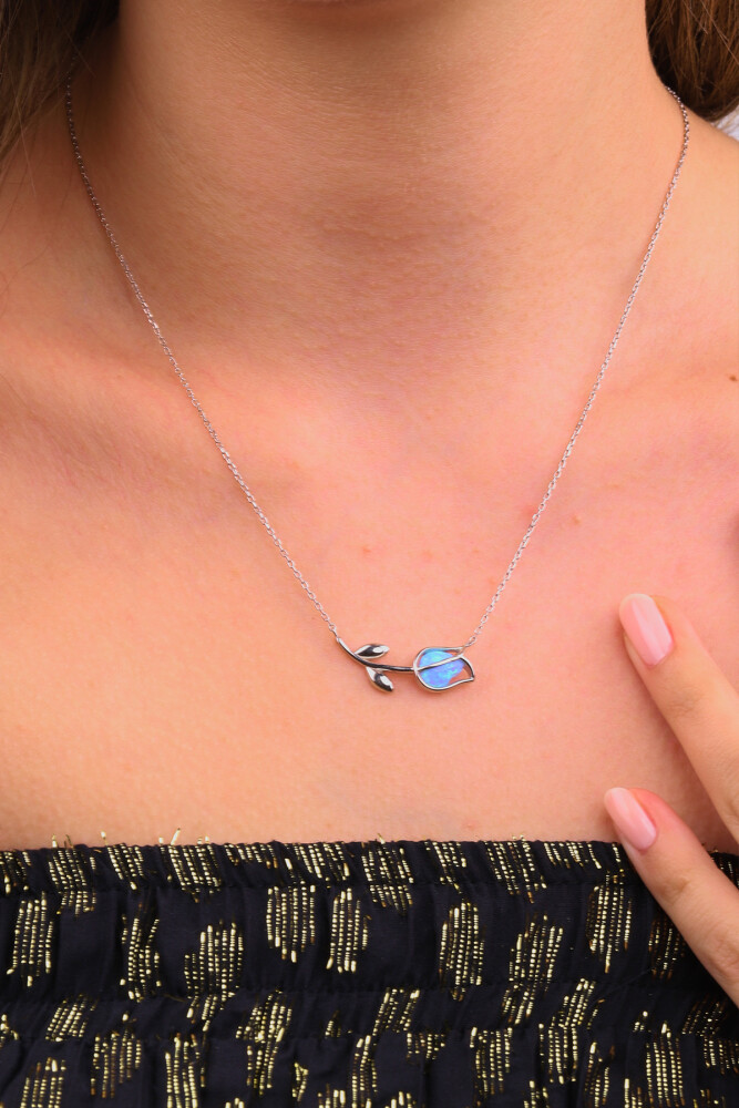 925 Ayar Gümüş Kedi Göz Mavi Opal Taş Gül Kolye - 2